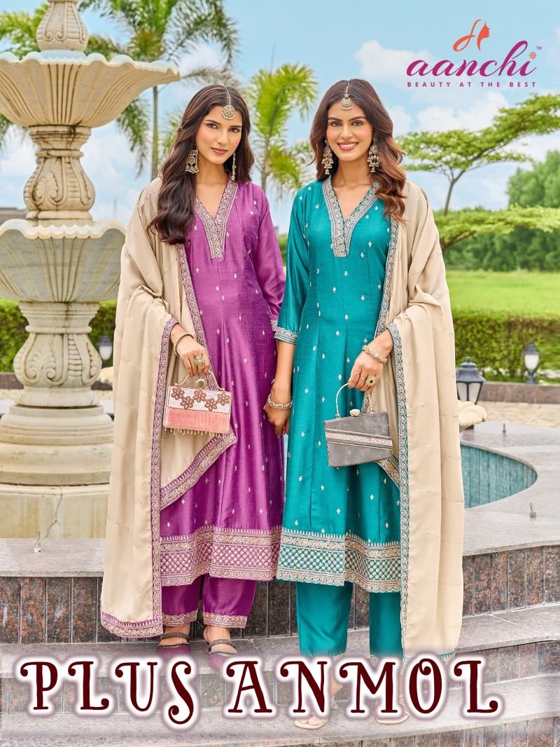 Aanchi Plus Anmol Vichitra Silk Embroidered Kurti Bottom With Dupatta Wholesale