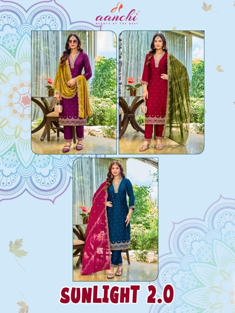 Launching Aanchi Sunlight Vol 2 Vichitra Silk Embroidered Kurti With Bottom Dupatta Wholesale 2026