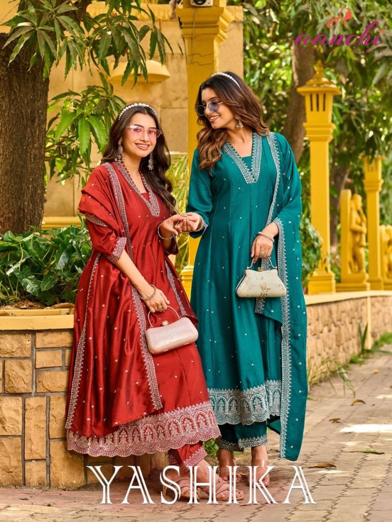 Aanchi Yashika Vichitra Silk Fancy Embroidered Anarkali Kurti With Bottom Dupatta Wholesale