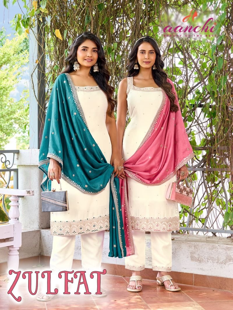 Aanchi Zulfat Vichitra Silk Embroidered Kurti With Bottom Dupatta Collection Wholesale