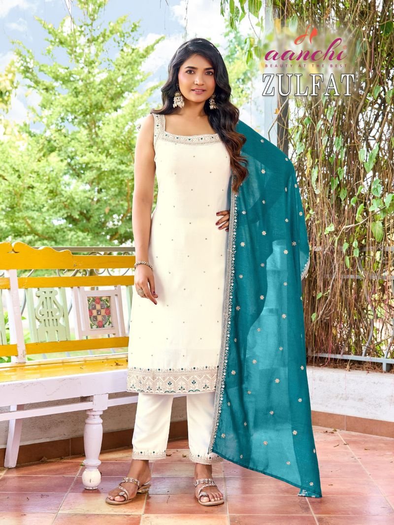 Beautiful Aanchi Zulfat Vichitra Silk Embroidered Kurti With Bottom Dupatta Collection Wholesale 2026