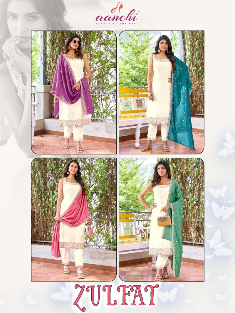 Beautiful Aanchi Zulfat Vichitra Silk Embroidered Kurti With Bottom Dupatta Collection Wholesale 2026