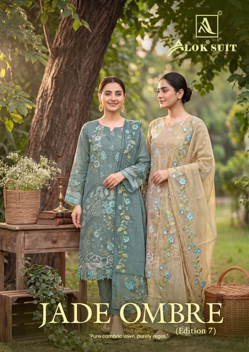 Alok Jade Ombre Edition 7 Cambric Lawn Cotton Embroidery Dress Material Wholesale