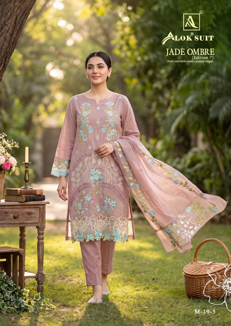 Alok Jade Ombre Edition 7 Cambric Lawn Cotton Embroidery Dress Material Wholesale