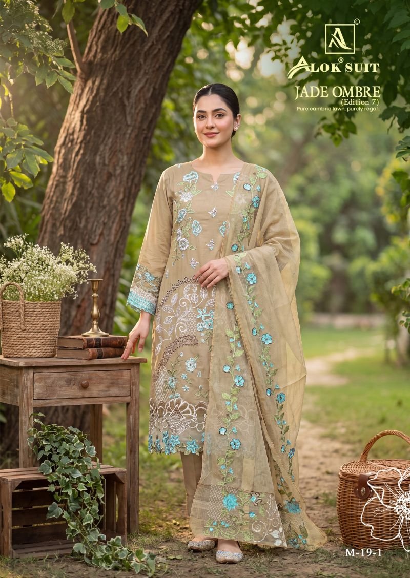 Alok Jade Ombre Edition 7 Cambric Lawn Cotton Embroidery Dress Material Wholesale