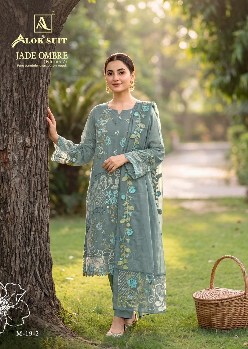 Alok Jade Ombre Edition 7 Cambric Lawn Cotton Embroidery Dress Material Wholesale