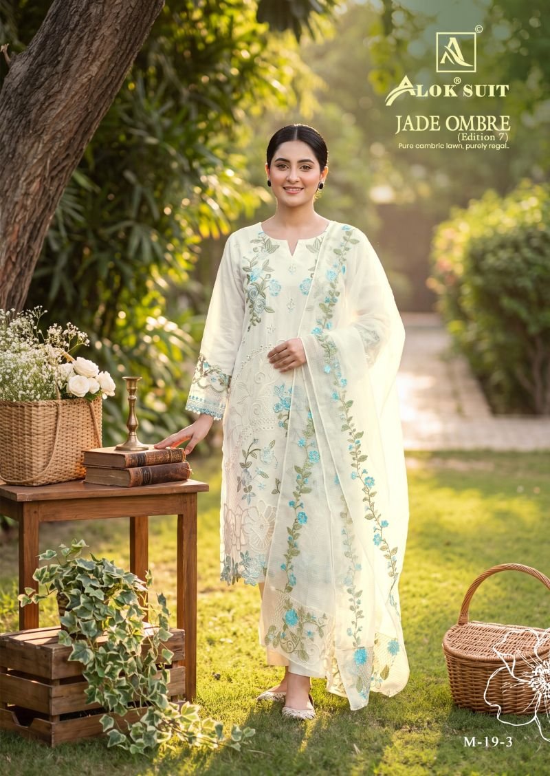 Alok Jade Ombre Edition 7 Cambric Lawn Cotton Embroidery Dress Material Wholesale