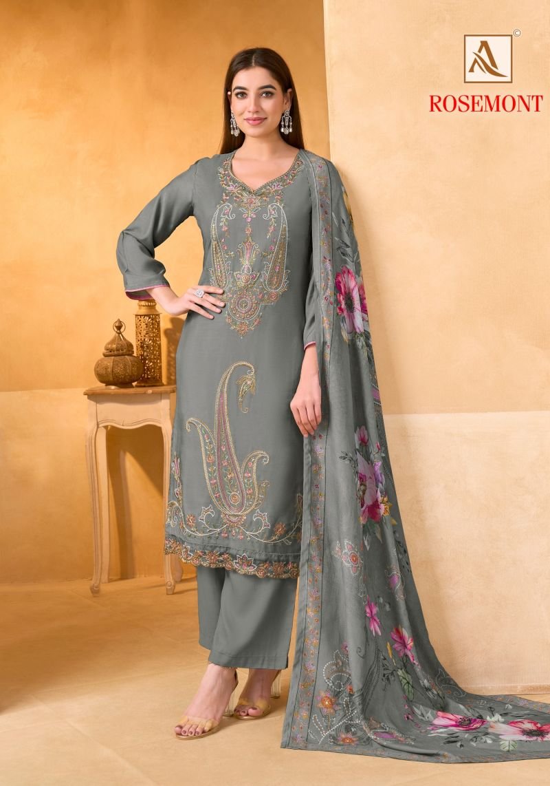 Beautiful Alok Rosemont Viscose Maslin Embroidered Dress Material Collection Wholesale 2026