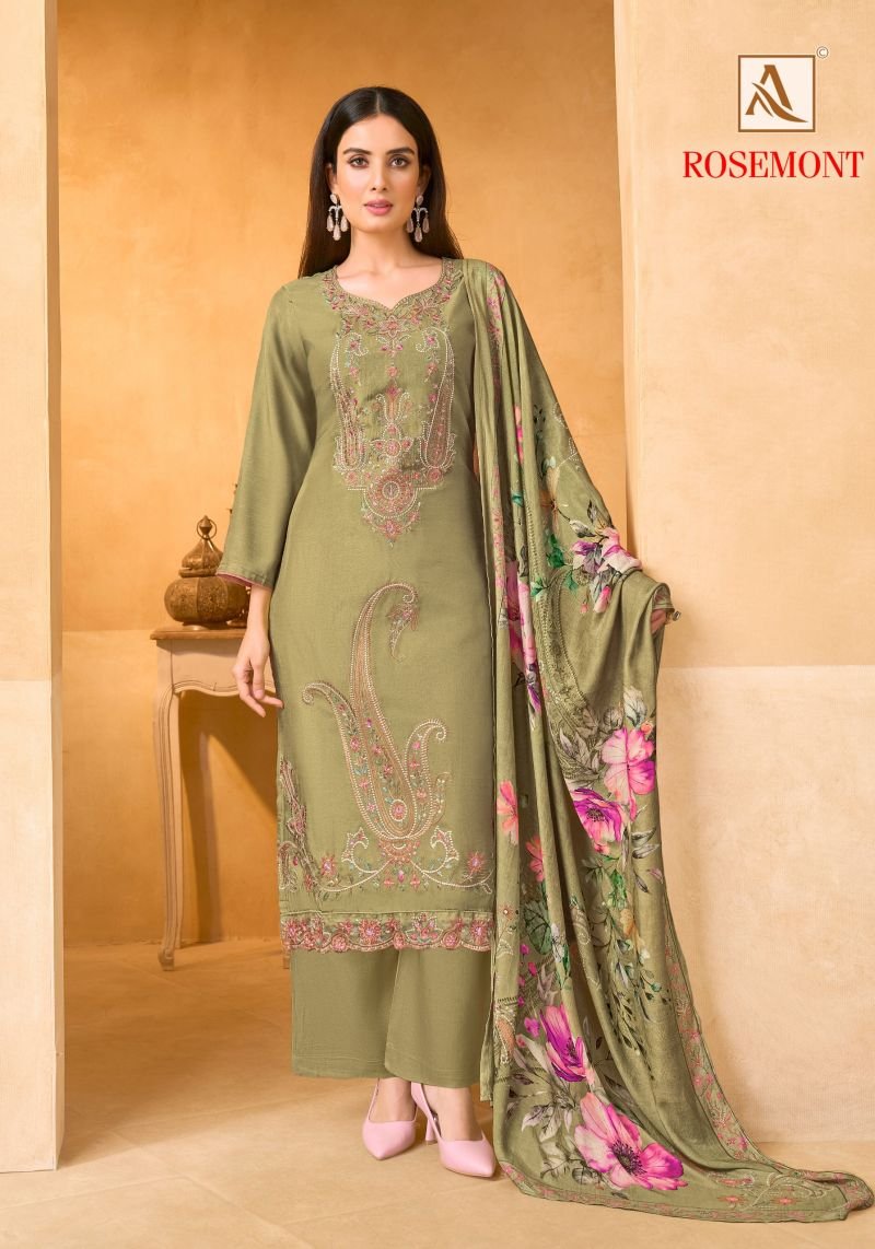 Beautiful Alok Rosemont Viscose Maslin Embroidered Dress Material Collection Wholesale 2026