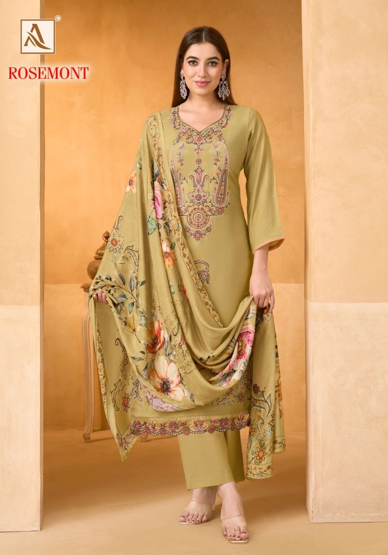Beautiful Alok Rosemont Viscose Maslin Embroidered Dress Material Collection Wholesale 2026