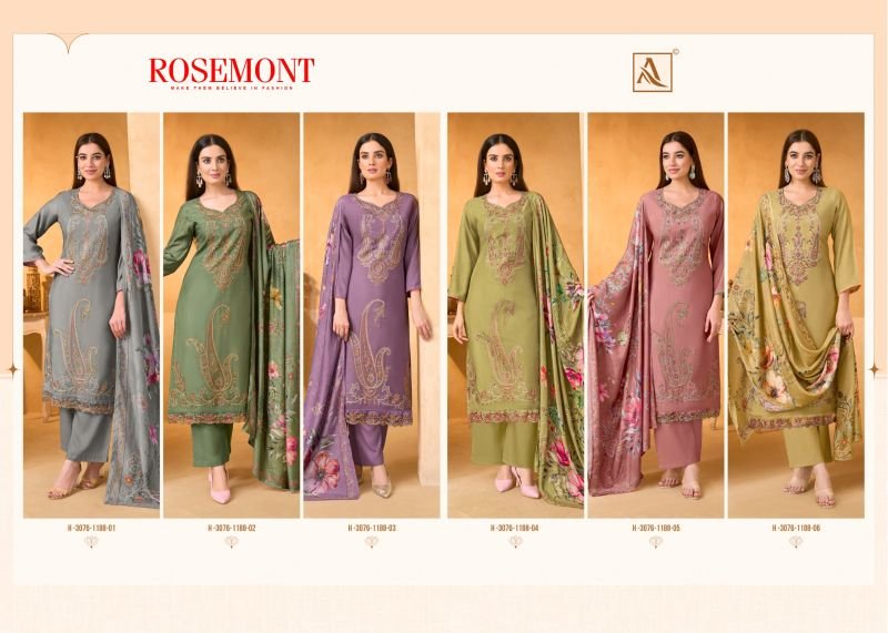 Beautiful Alok Rosemont Viscose Maslin Embroidered Dress Material Collection Wholesale 2026
