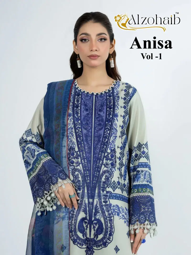 Alzohaib Anisa Vol 1 Chiffon Dupatta Cotton Patch Work Salwar Kameez Wholesale