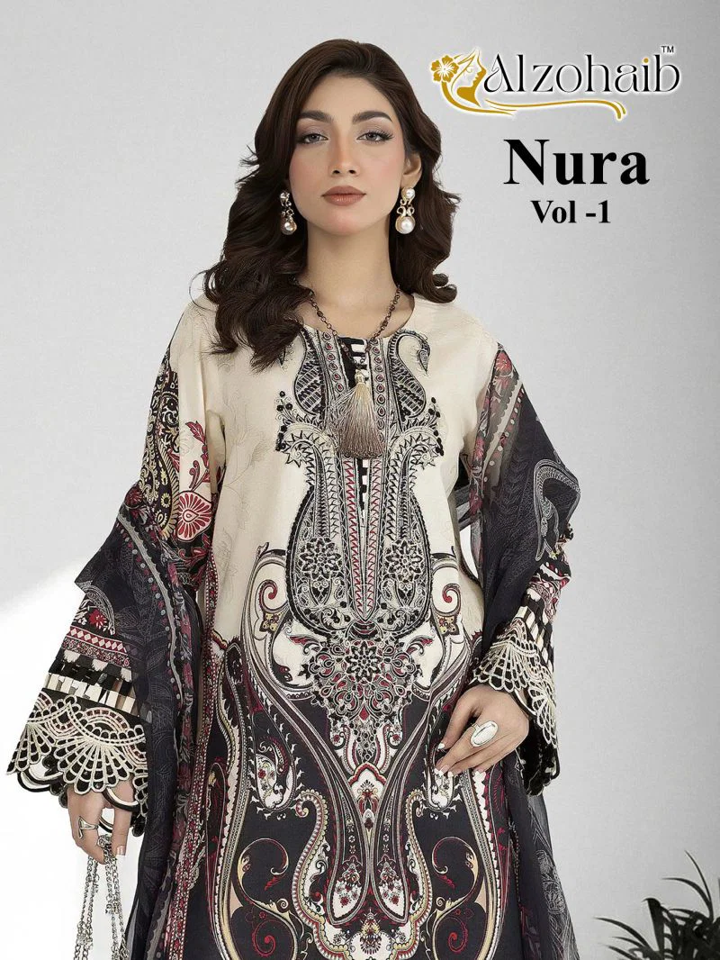 Alzohaib Nura Vol 1 Chiffon Dupatta Cotton Patch Work Salwar Kameez Wholesale