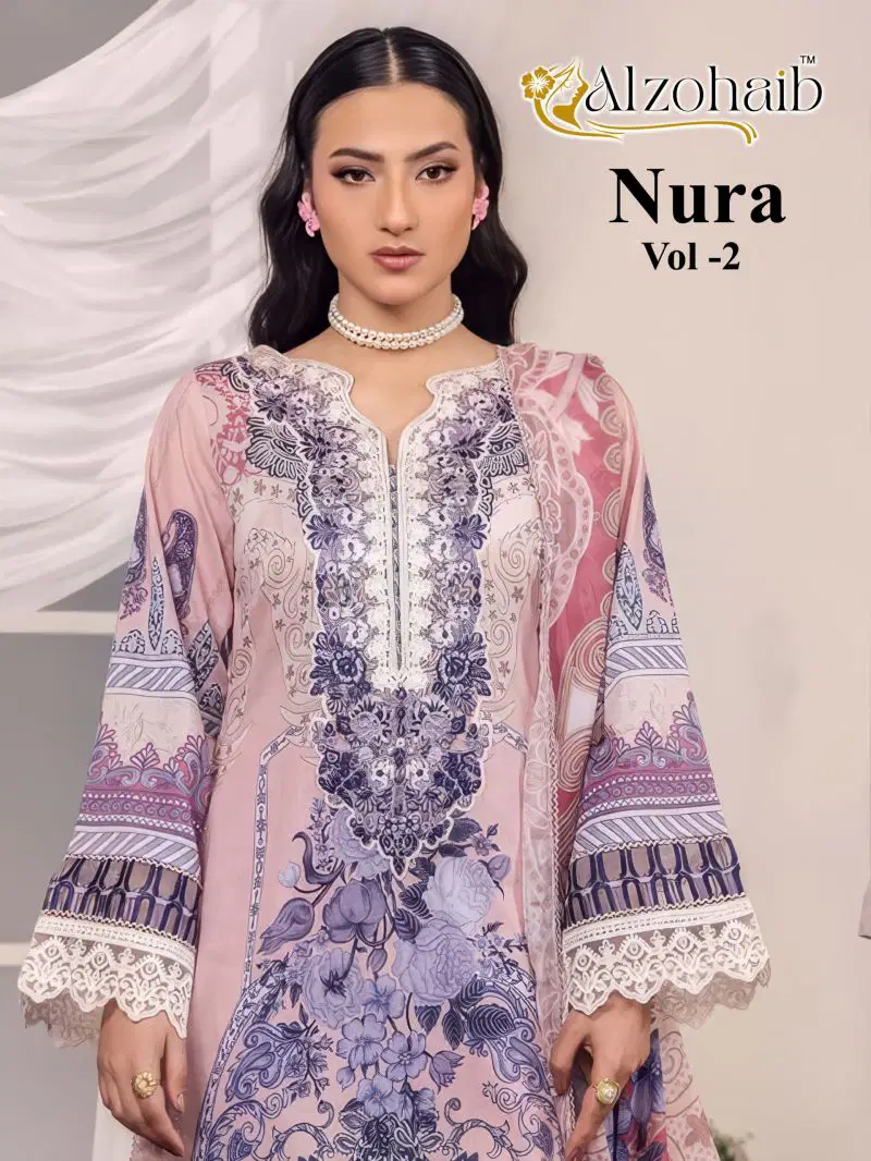 Alzohaib Nura Vol 2 Chiffon Dupatta Cotton Patch Work Salwar Kameez Wholesale