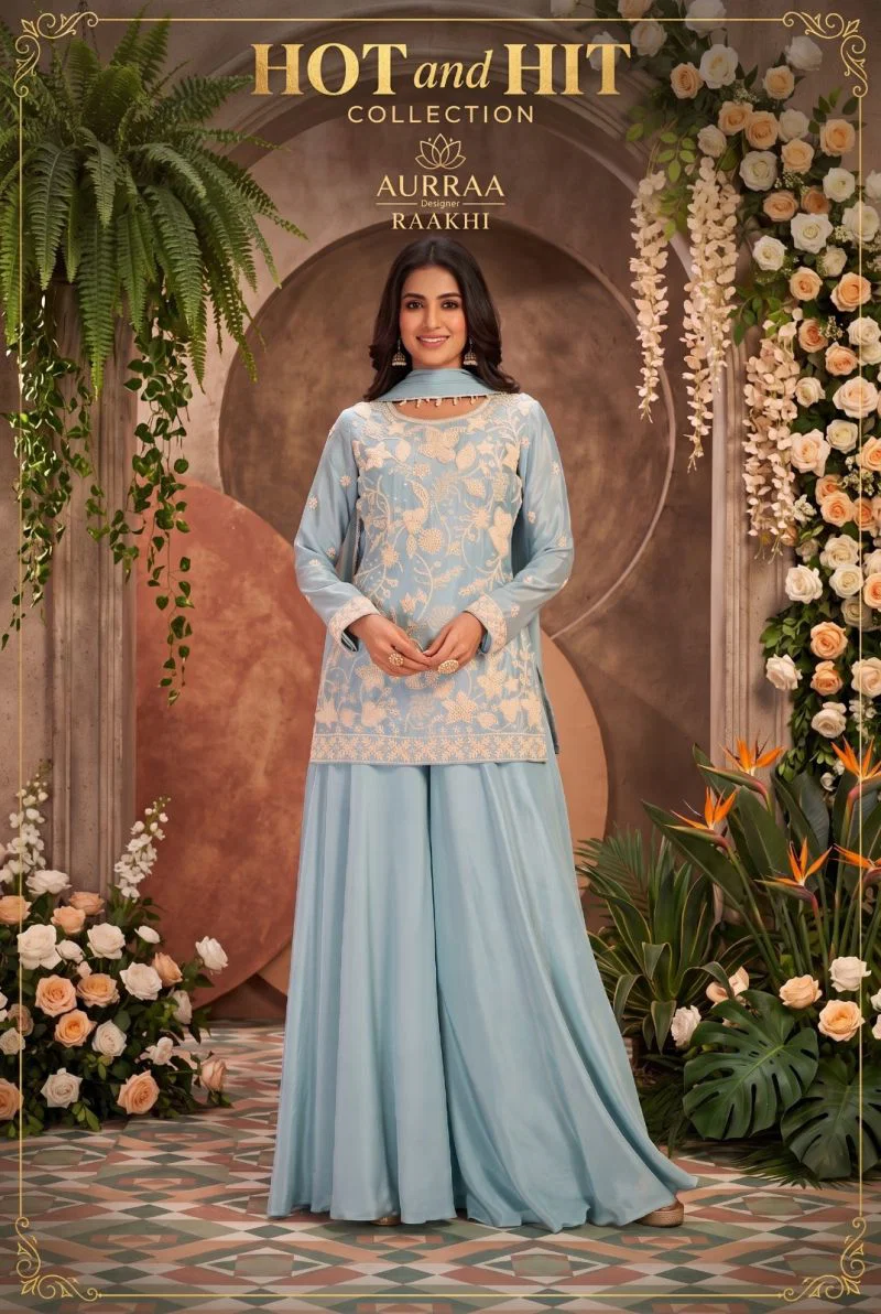 Aurraa Raakhi Chinon Beads Work Kurti With Bottom Dupatta Wholesale