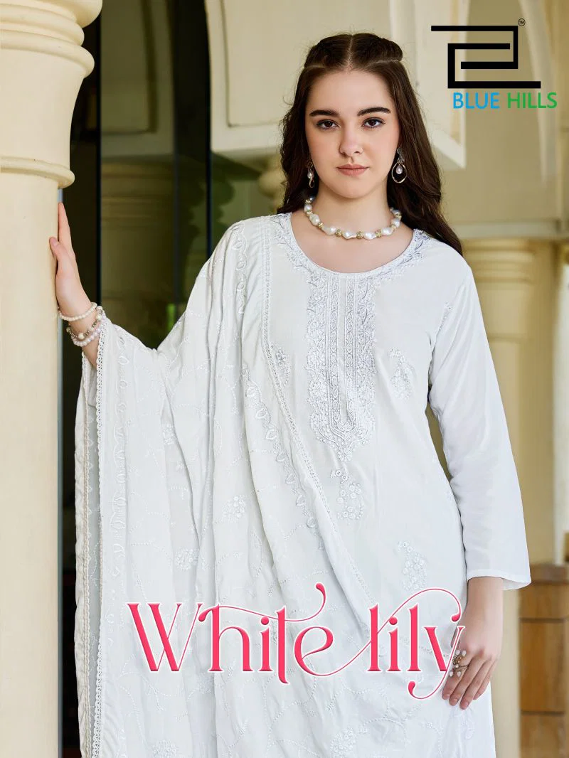 Blue Hills White Lily Rayon Embroidered Kurti With Bottom Dupatta Wholesale