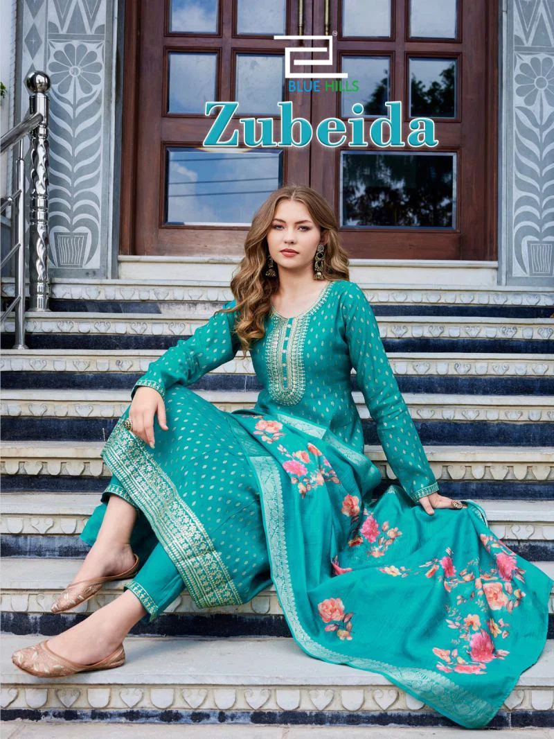 Blue Hills Zubeida Mul Chanderi Foil Print Sequence Work Kurti With Bottom Dupatta Wholesale
