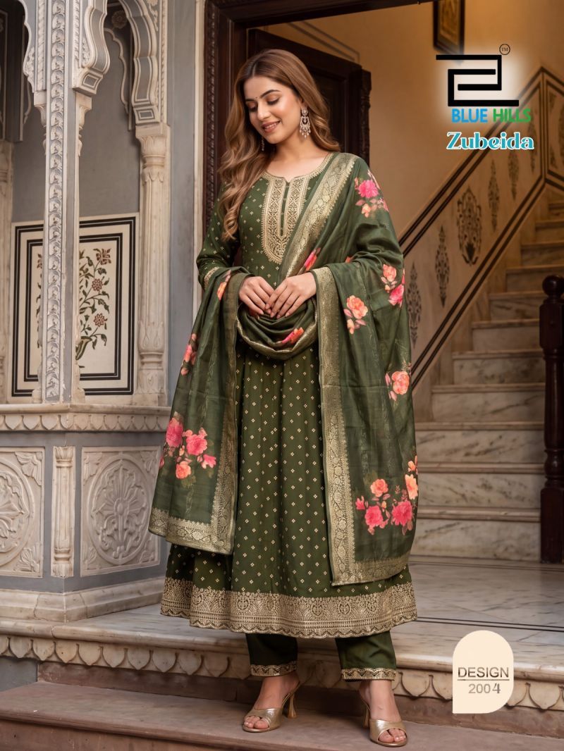 Stylish Blue Hills Zubeida Mul Chanderi Foil Print Sequence Work Kurti With Bottom Dupatta Wholesale 2026