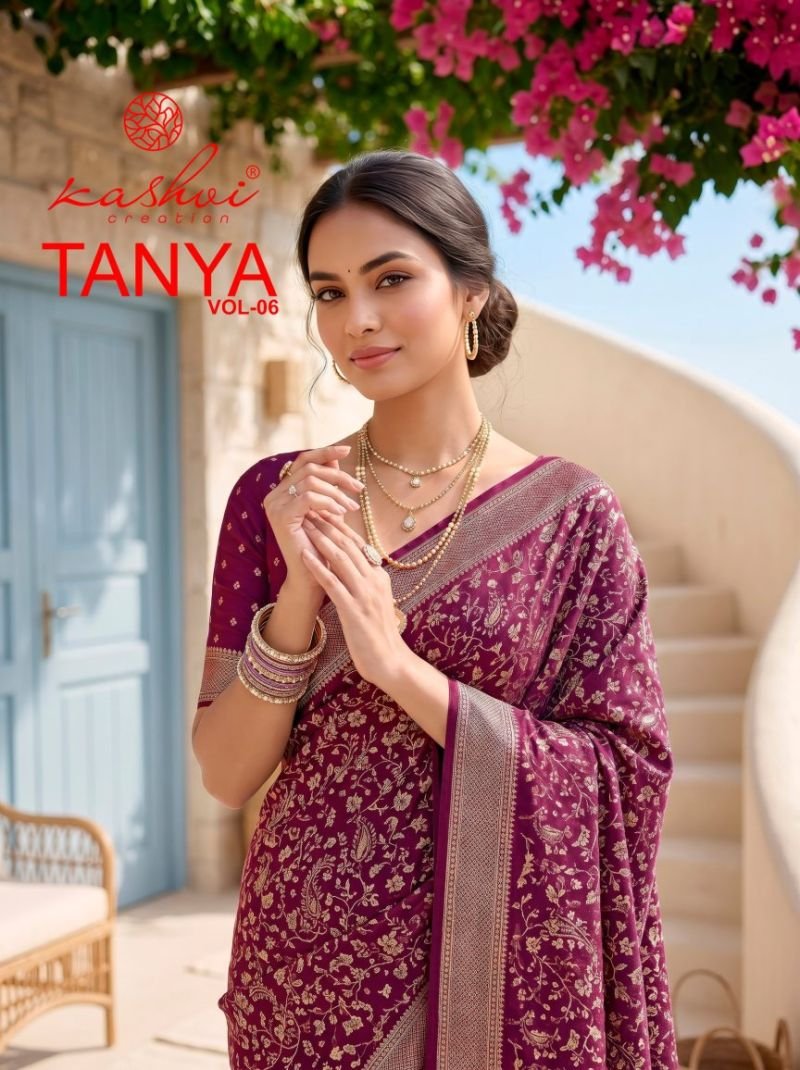 Kashvi Tanya Vol 6 Dull Moss Viscose Border Printed Saree Collection Wholesale