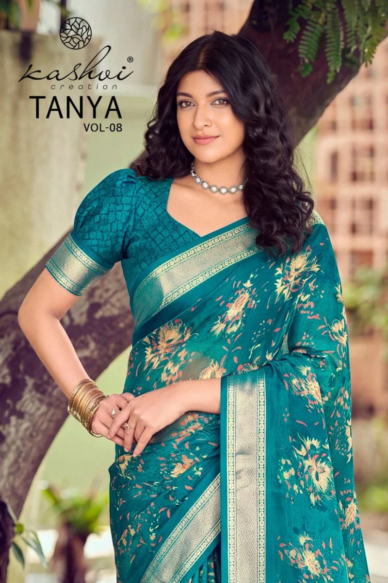 Kashvi Tanya Vol 8 Dull Moss Viscose Border Printed Saree Collection Wholesale