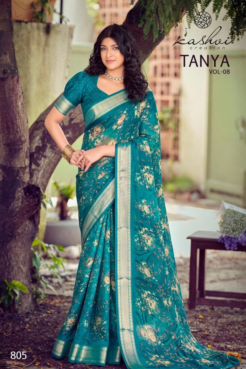 Kashvi Tanya Vol 8 Dull Moss Viscose Border Printed Saree Collection Wholesale