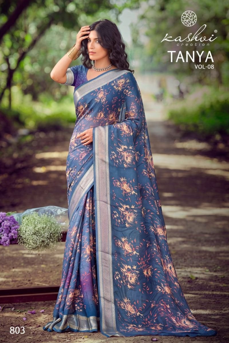 Kashvi Tanya Vol 8 Dull Moss Viscose Border Printed Saree Collection Wholesale