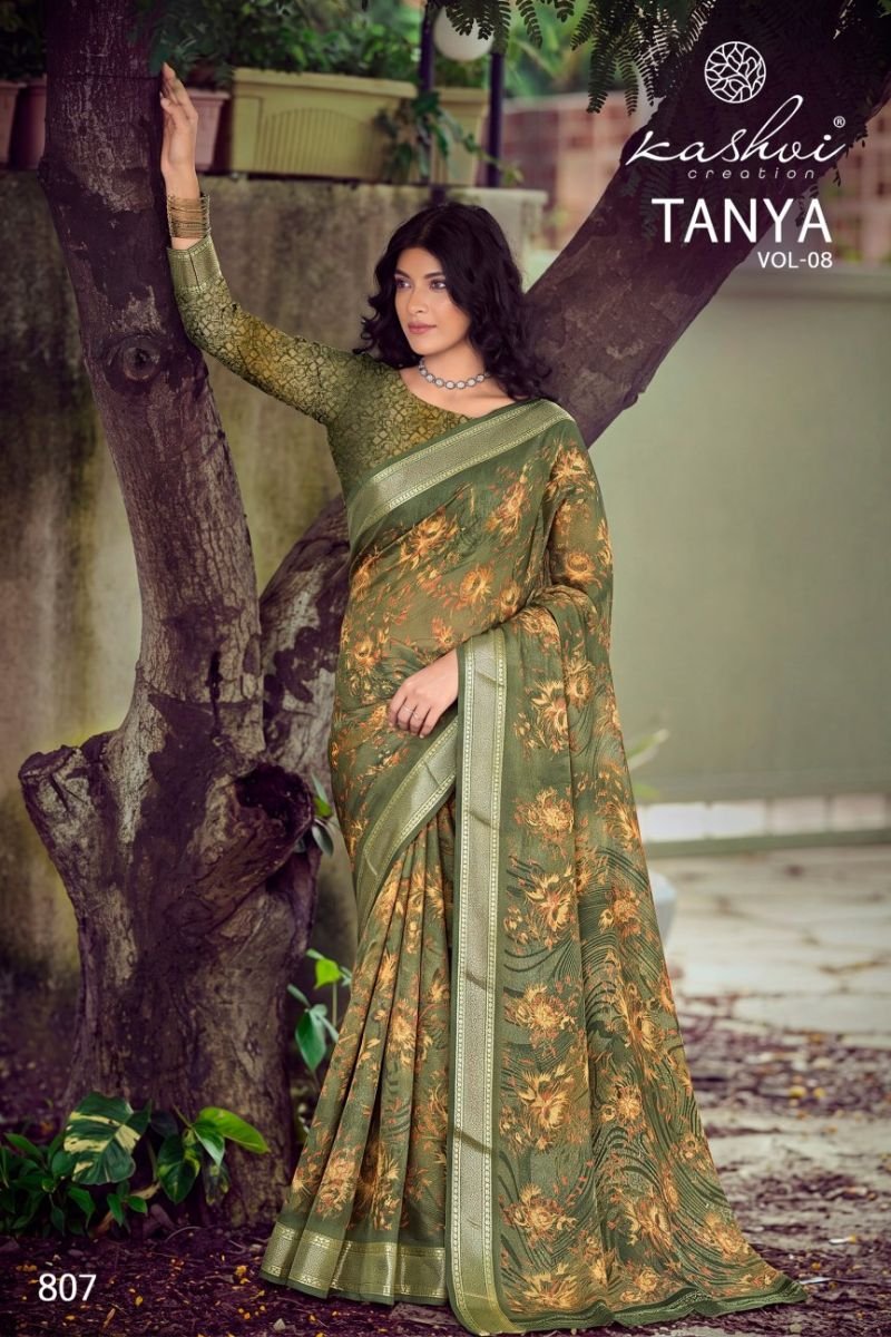 Kashvi Tanya Vol 8 Dull Moss Viscose Border Printed Saree Collection Wholesale