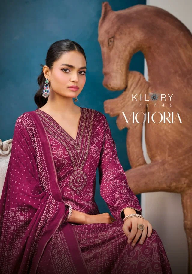Kilory Victoria Gaji Silk Digital Foil Print Beads Embroidered Salwar Kameez Collection Wholesale