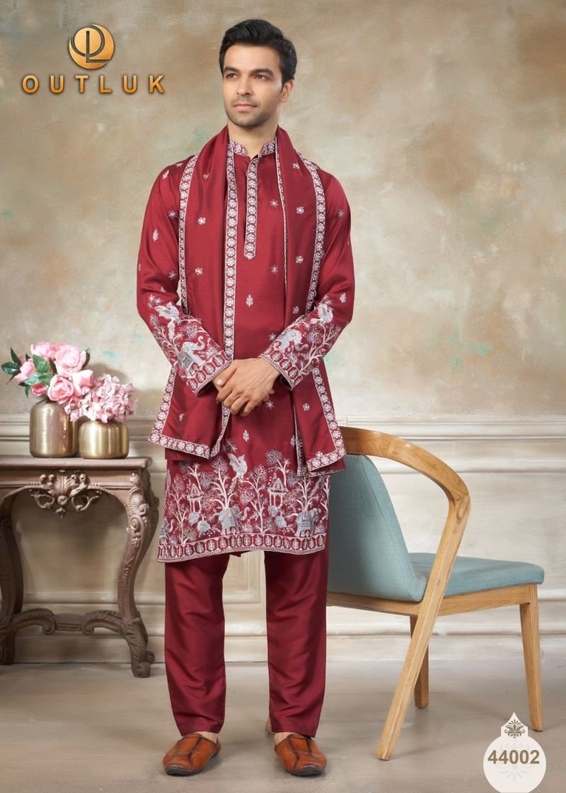 Outluk Wedding 44 Silk Embroidered Kurta Pajama With Dupatta Collection Wholesale