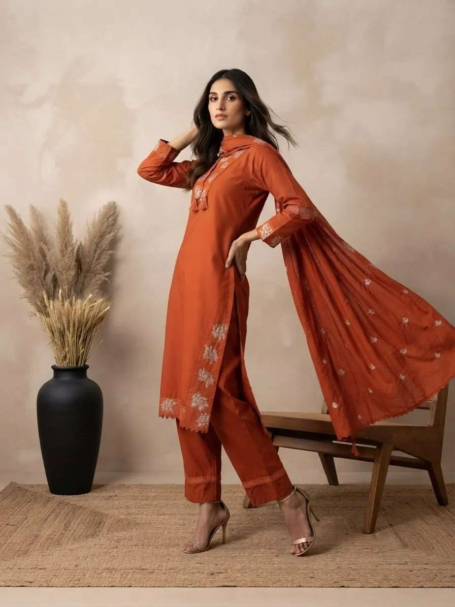 Shiv 3017 Pure Cotton Embroidered Kurta Pant Dupatta Set Wholesale