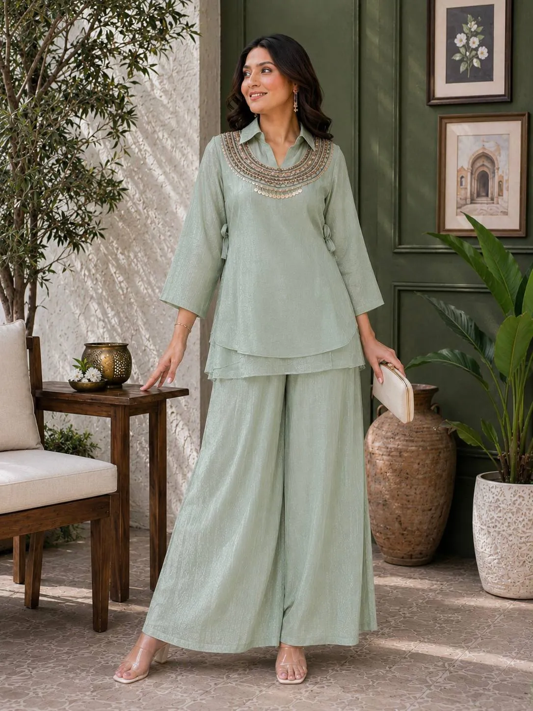 Beautiful C585 244 Gold Crush Fully Beads & Siquence Work Kurti Koti Plazzo Set Wholesale 2026