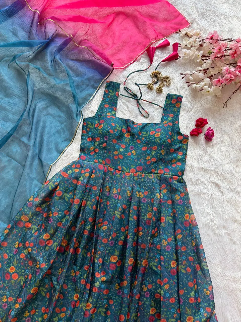 SWT 346 Pure Jimmy Organza Silk Anarkali Gown Dupatta Set Wholesale Surat