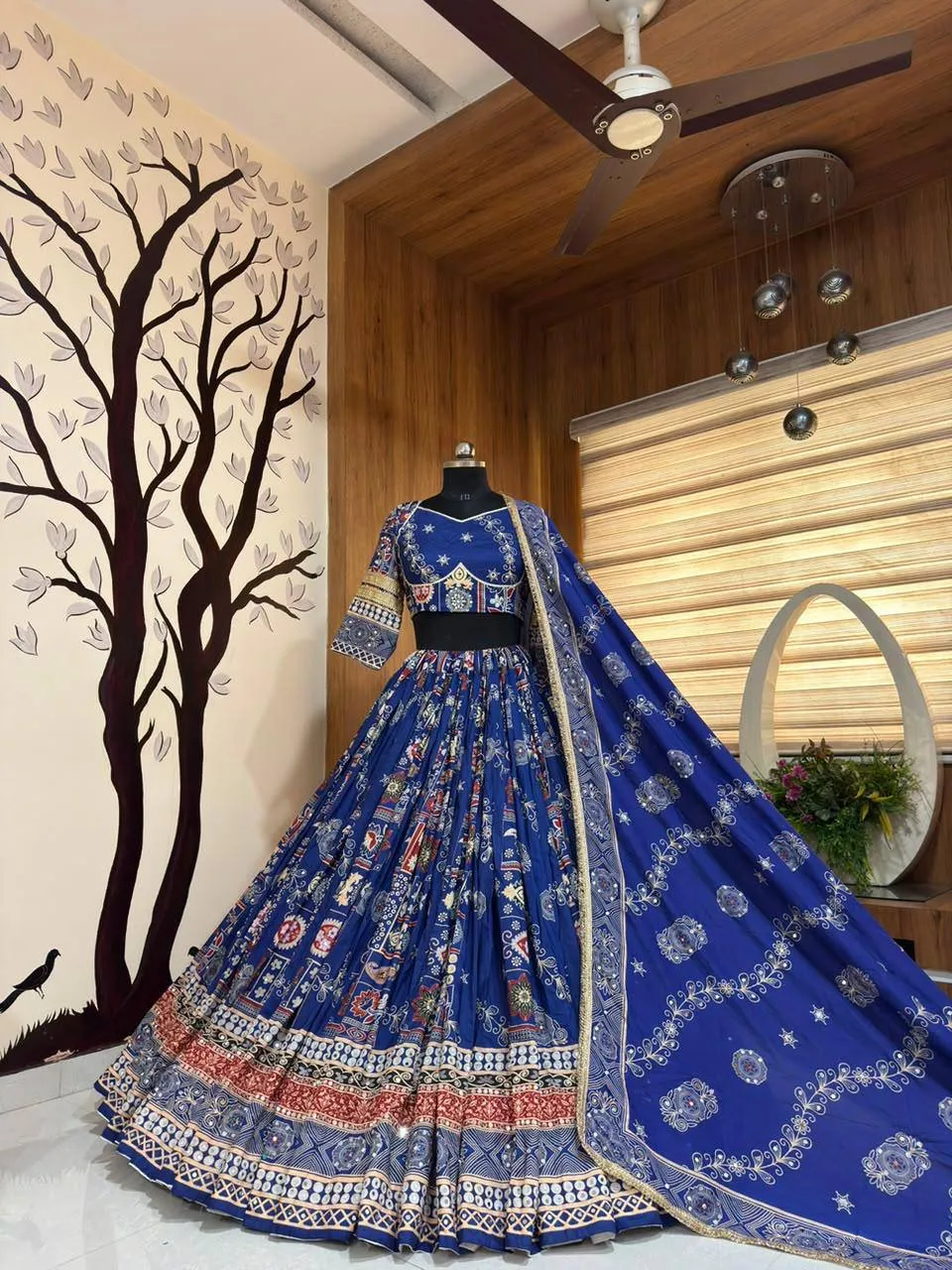 C585 191 Heavy Muslin Cotton Mirror Work Navratri Lehenga Chaniya Choli Wholesale