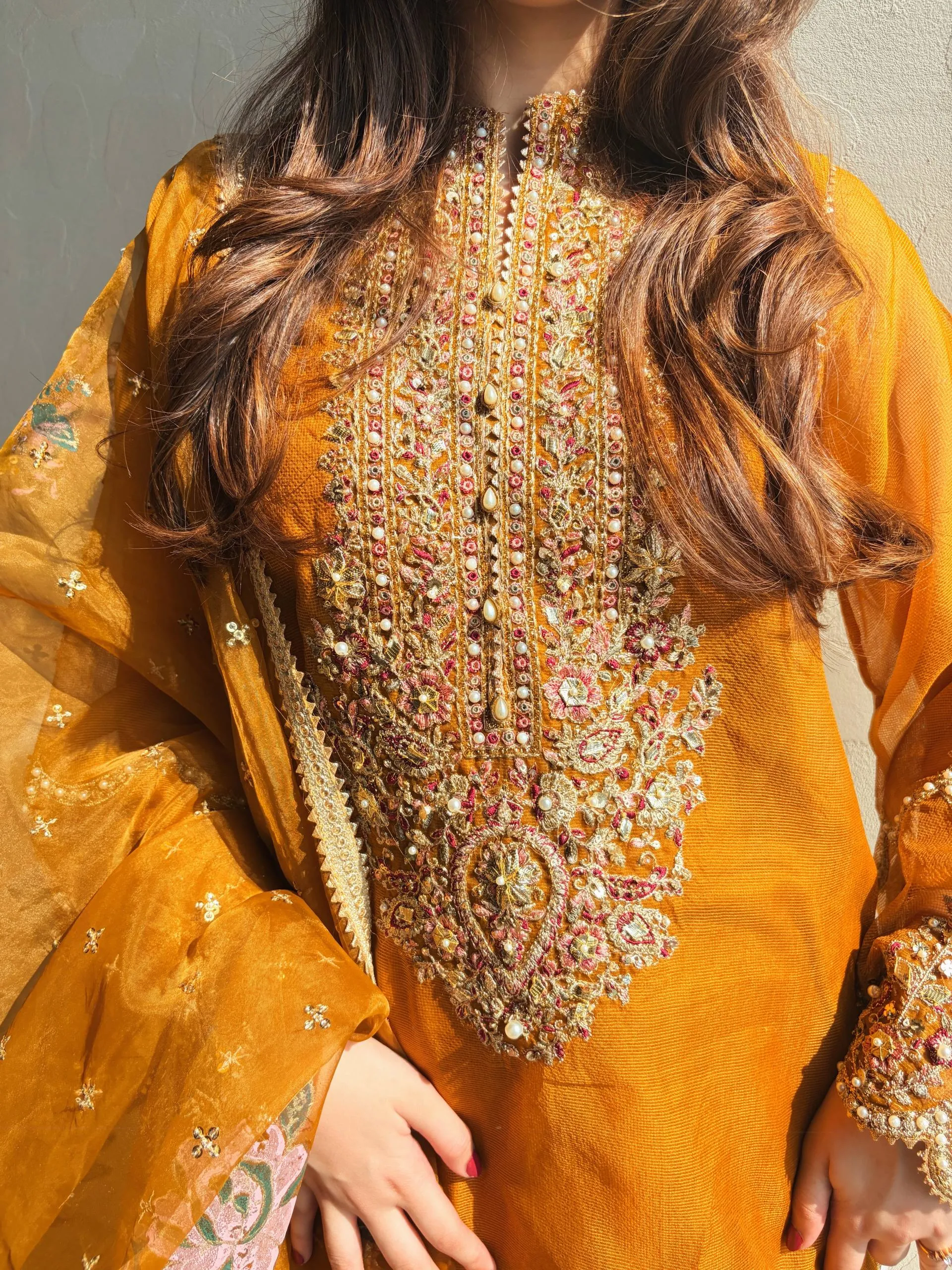 C585 1494 heavy Organza Embroidery Work Kurti Plazzo Dupatta Set Wholesale