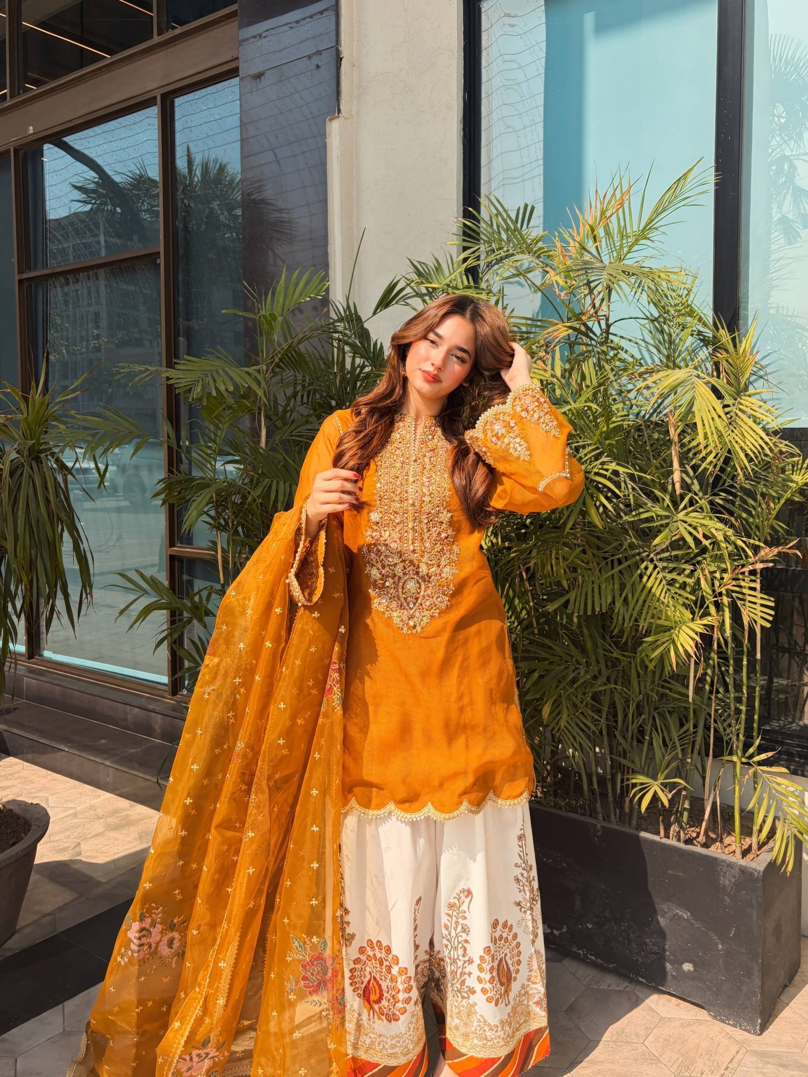 C585 1494 heavy Organza Embroidery Work Kurti Plazzo Dupatta Set Wholesale