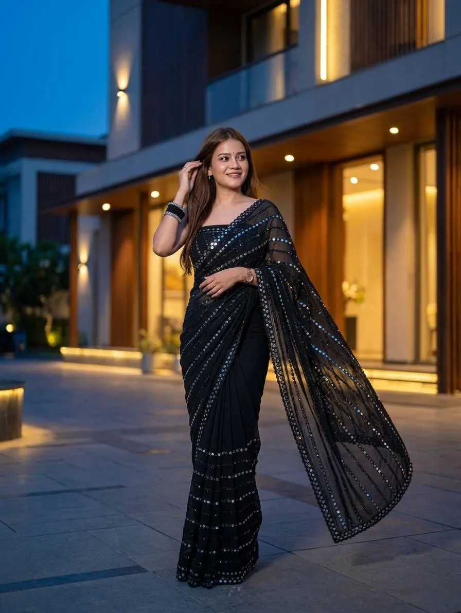 SBD 1866 Black Georgette Mirror Work Party Wear Saree Wholesale