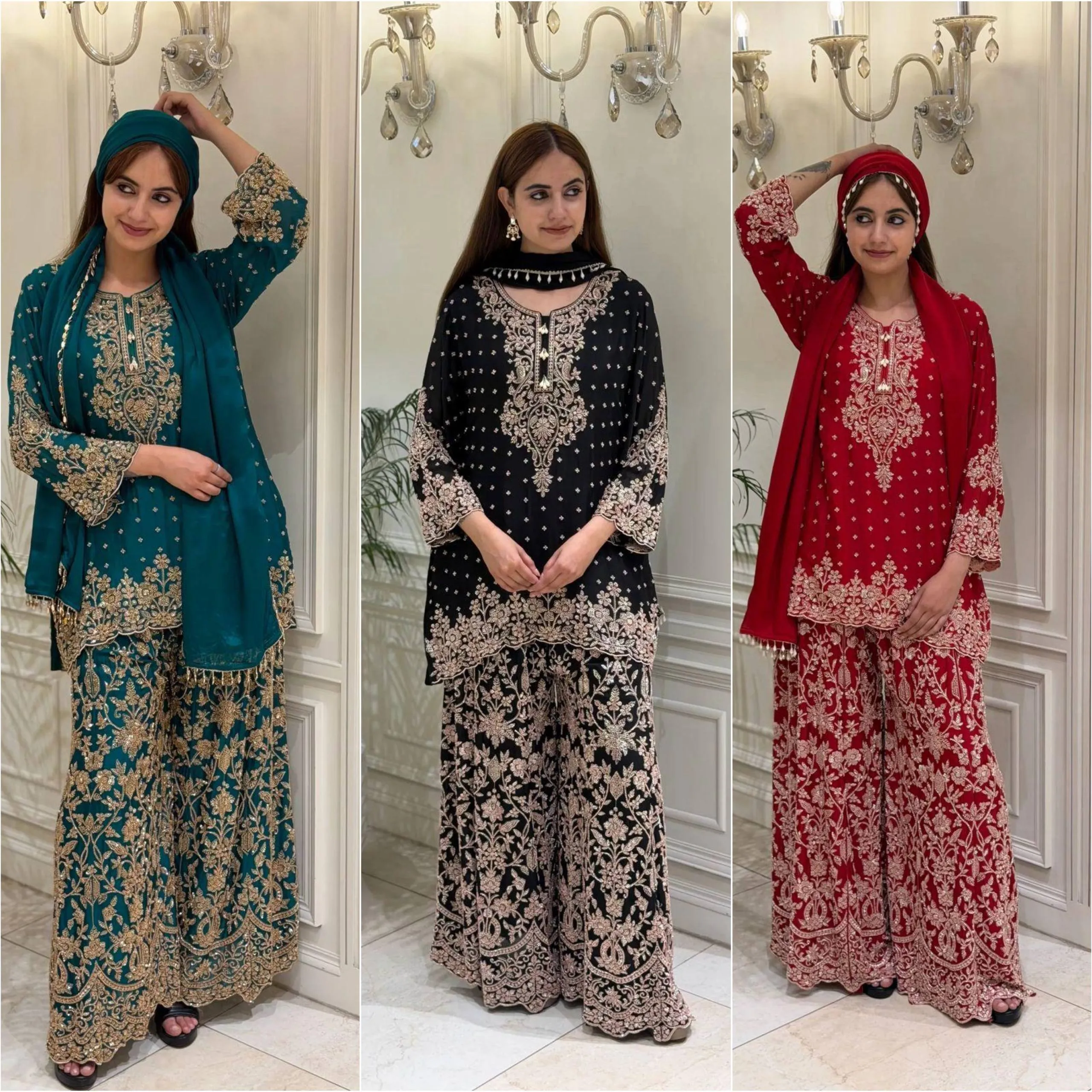 C585 1495 Georgette Kurti Plazzo Dupatta Set Wholesale