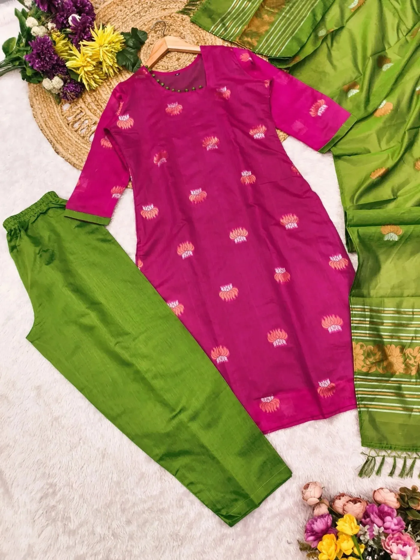 Launching FFD Pink Kontina Suit Art Silk Kurti Pant Dupatta Set Wholesale 2026