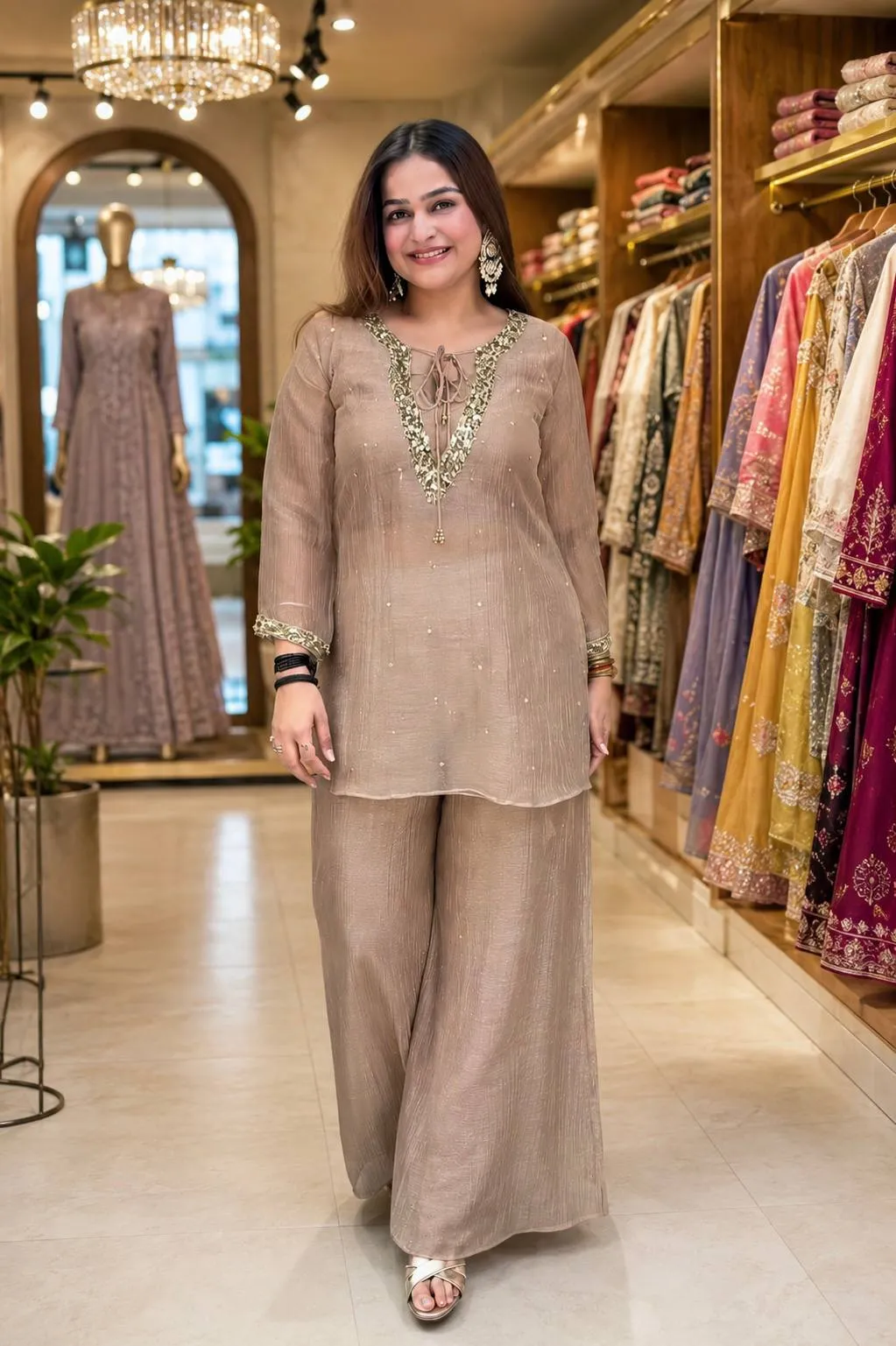 C585 247 Cruncy Silk with Embroidery Work Kurti Koti & Plazzo Set Wholesale