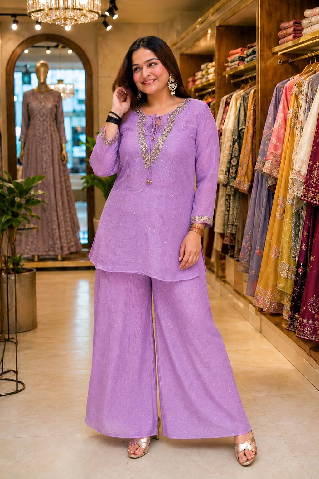 C585 247 Cruncy Silk with Embroidery Work Kurti Koti & Plazzo Set Wholesale - Image 9