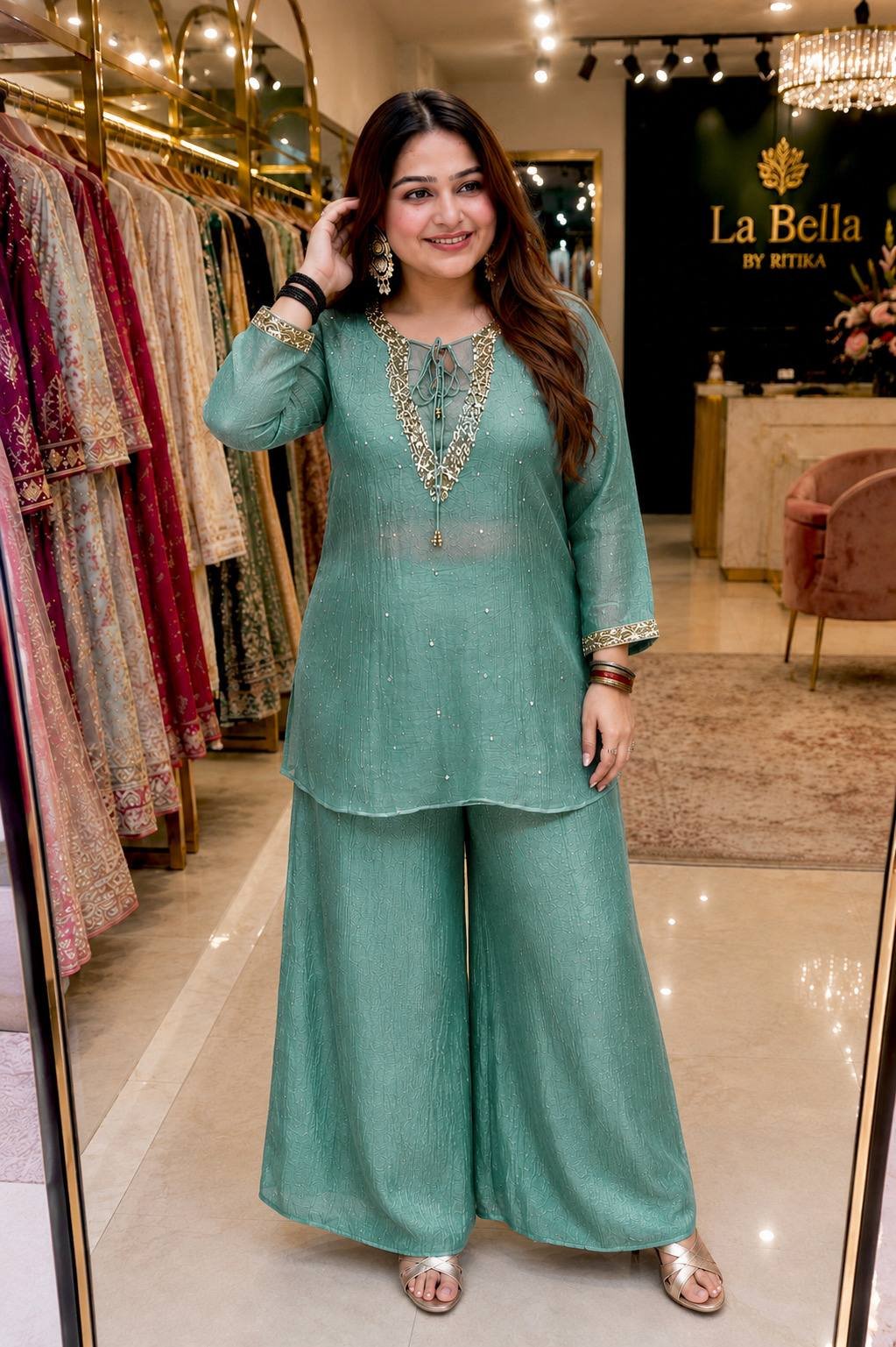 C585 247 Cruncy Silk with Embroidery Work Kurti Koti & Plazzo Set Wholesale - Image 7