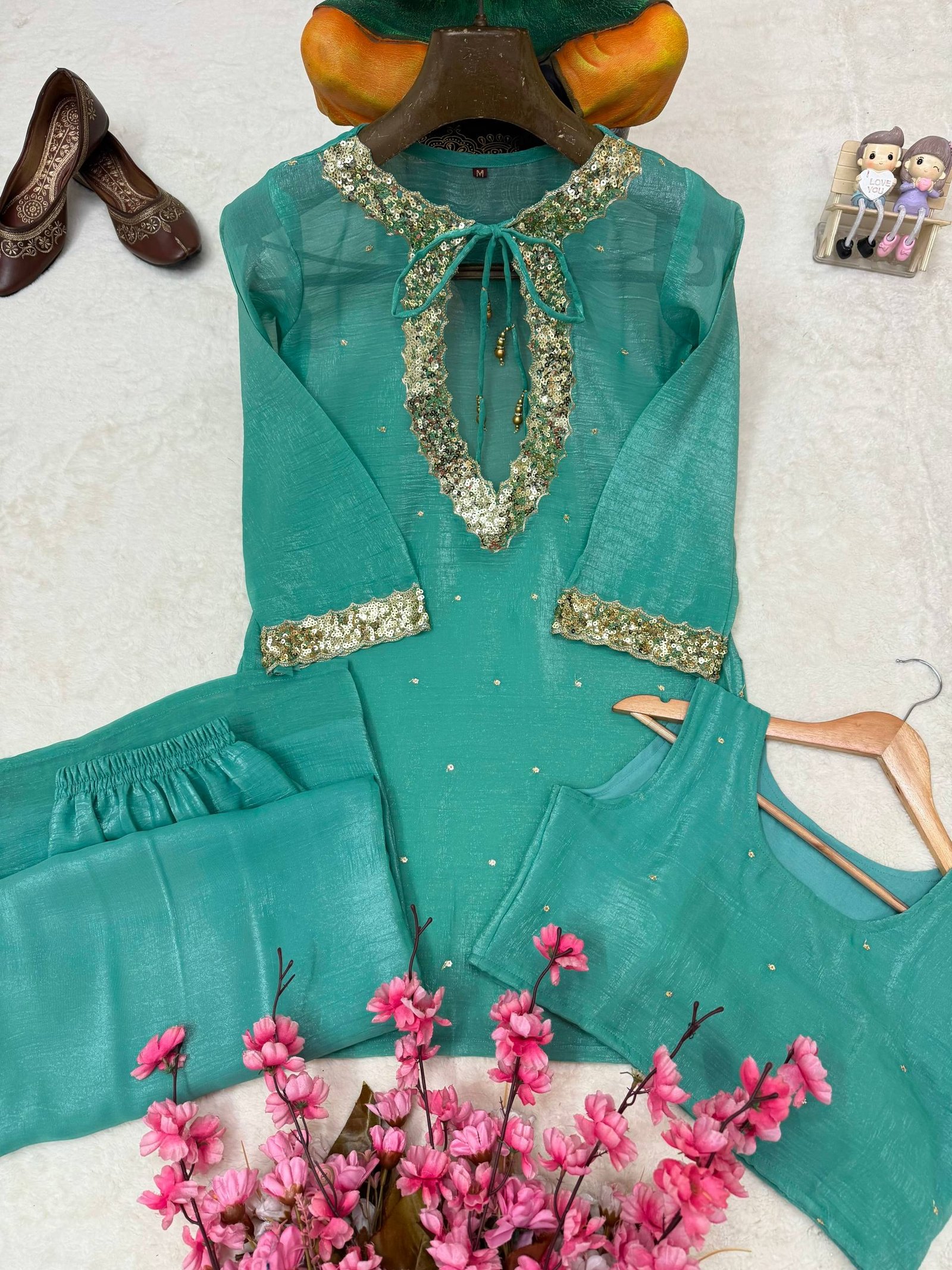 C585 247 Cruncy Silk with Embroidery Work Kurti Koti & Plazzo Set Wholesale - Image 8