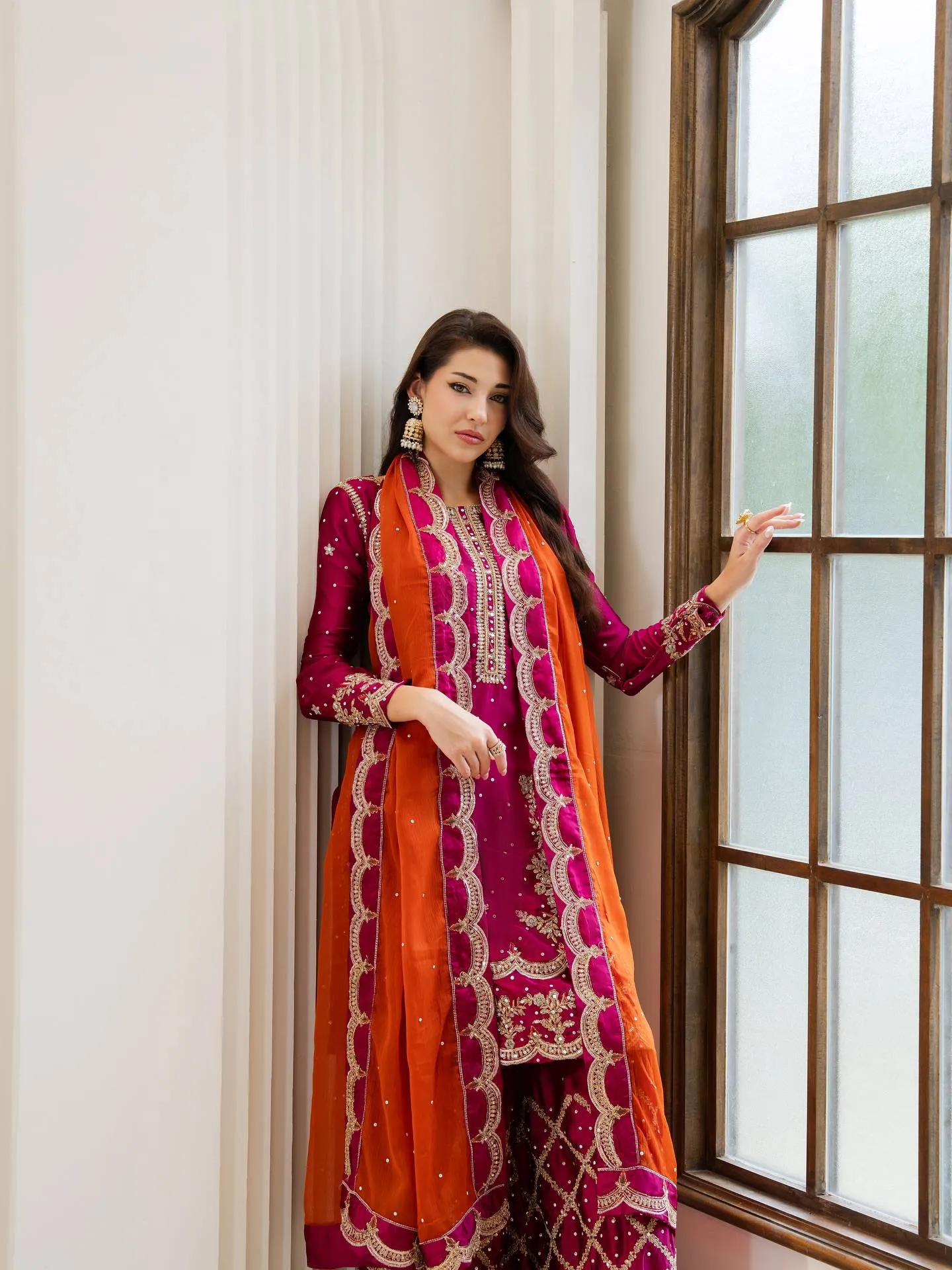 C585 1496 Chinon Embroidery & Chakri Stone Work Kurti Plazzo and Dupatta Set Wholesale