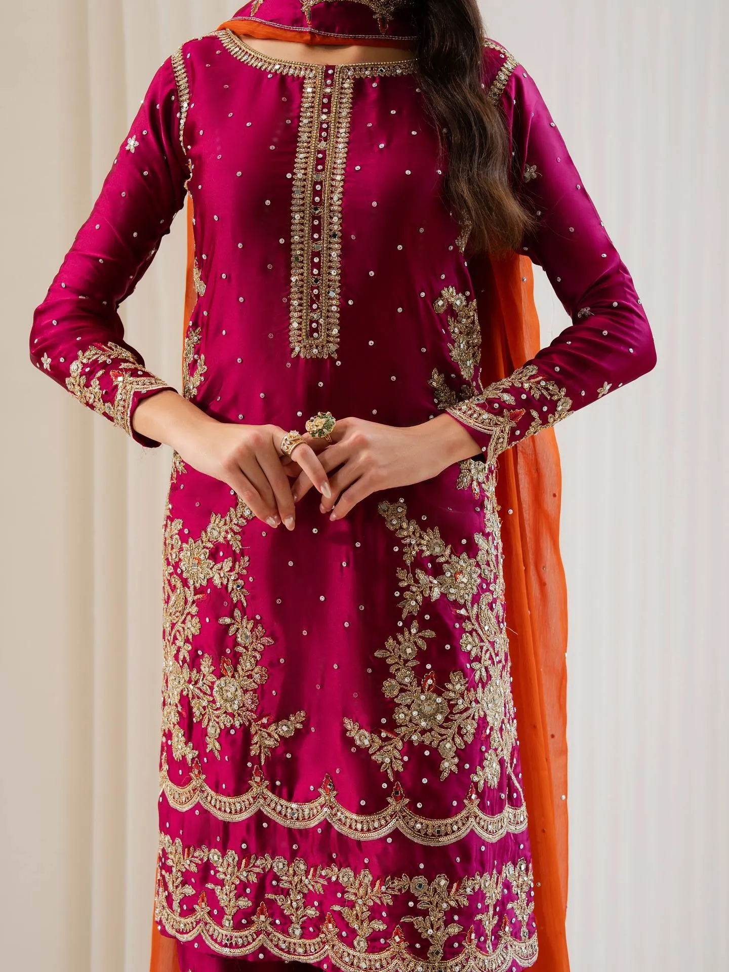 C585 1496 Chinon Embroidery & Chakri Stone Work Kurti Plazzo and Dupatta Set Wholesale