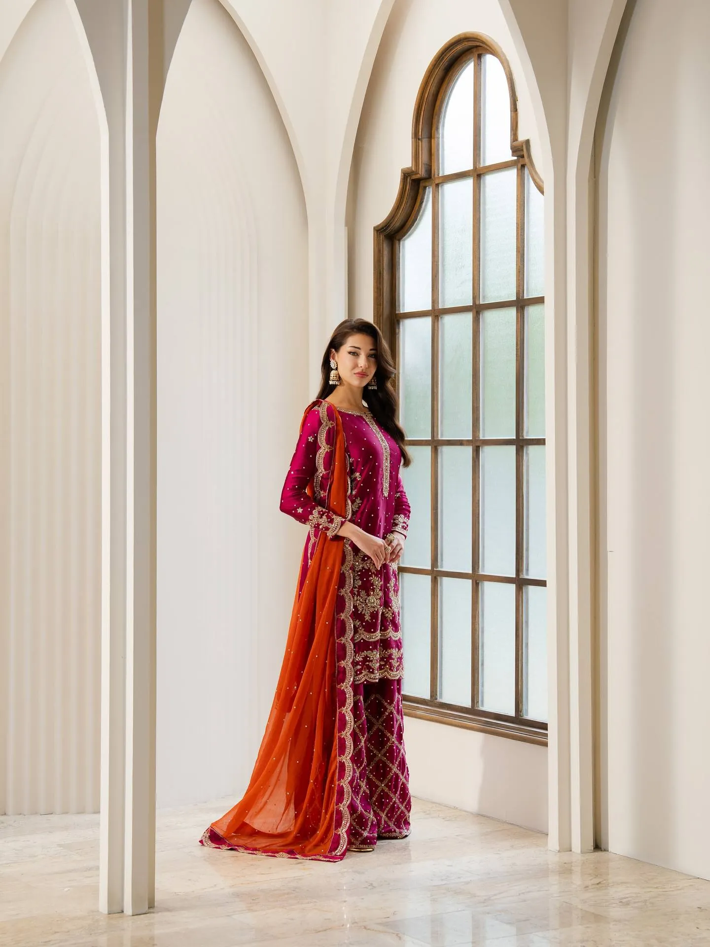 C585 1496 Chinon Embroidery & Chakri Stone Work Kurti Plazzo and Dupatta Set Wholesale
