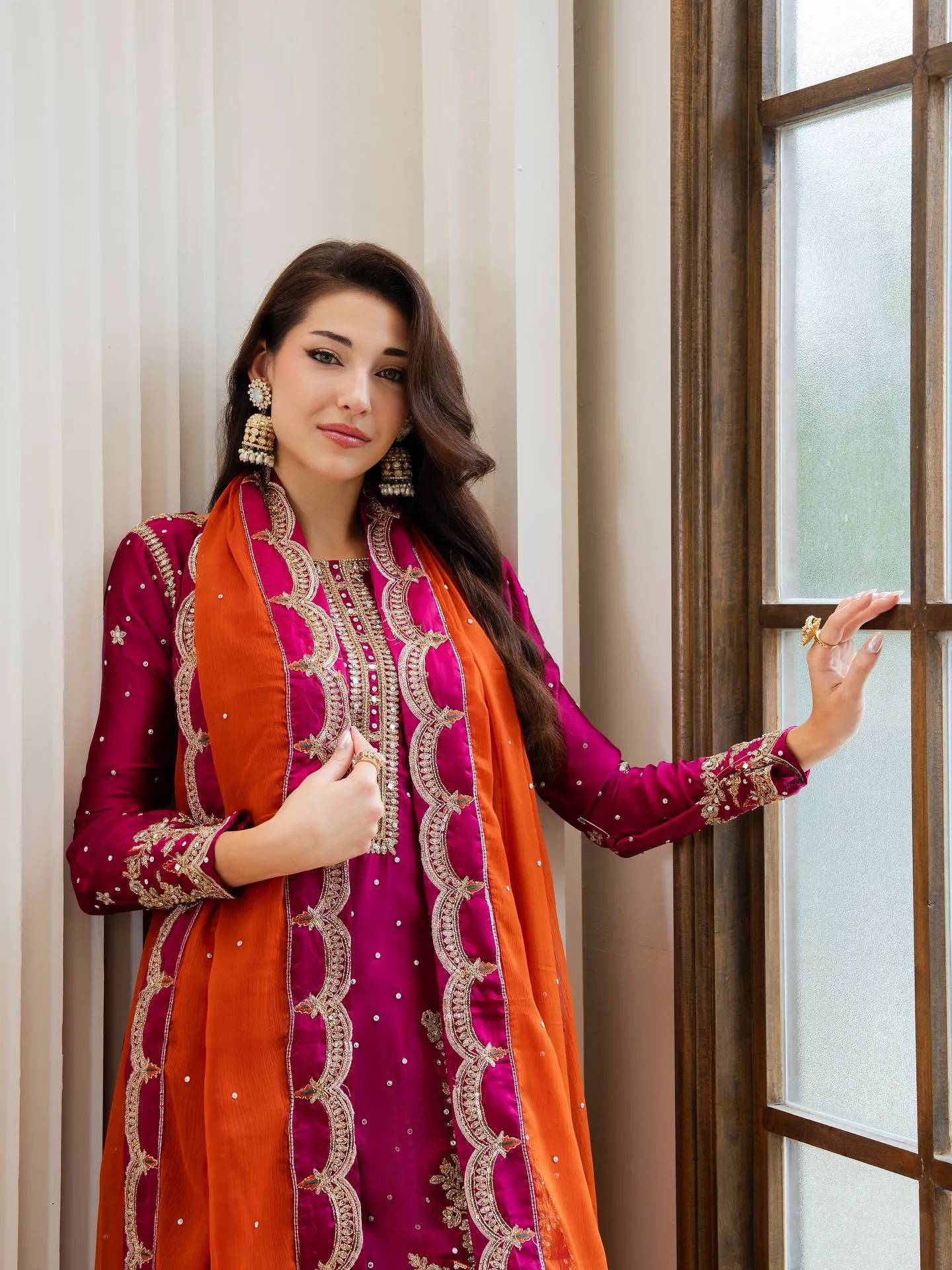 C585 1496 Chinon Embroidery & Chakri Stone Work Kurti Plazzo and Dupatta Set Wholesale