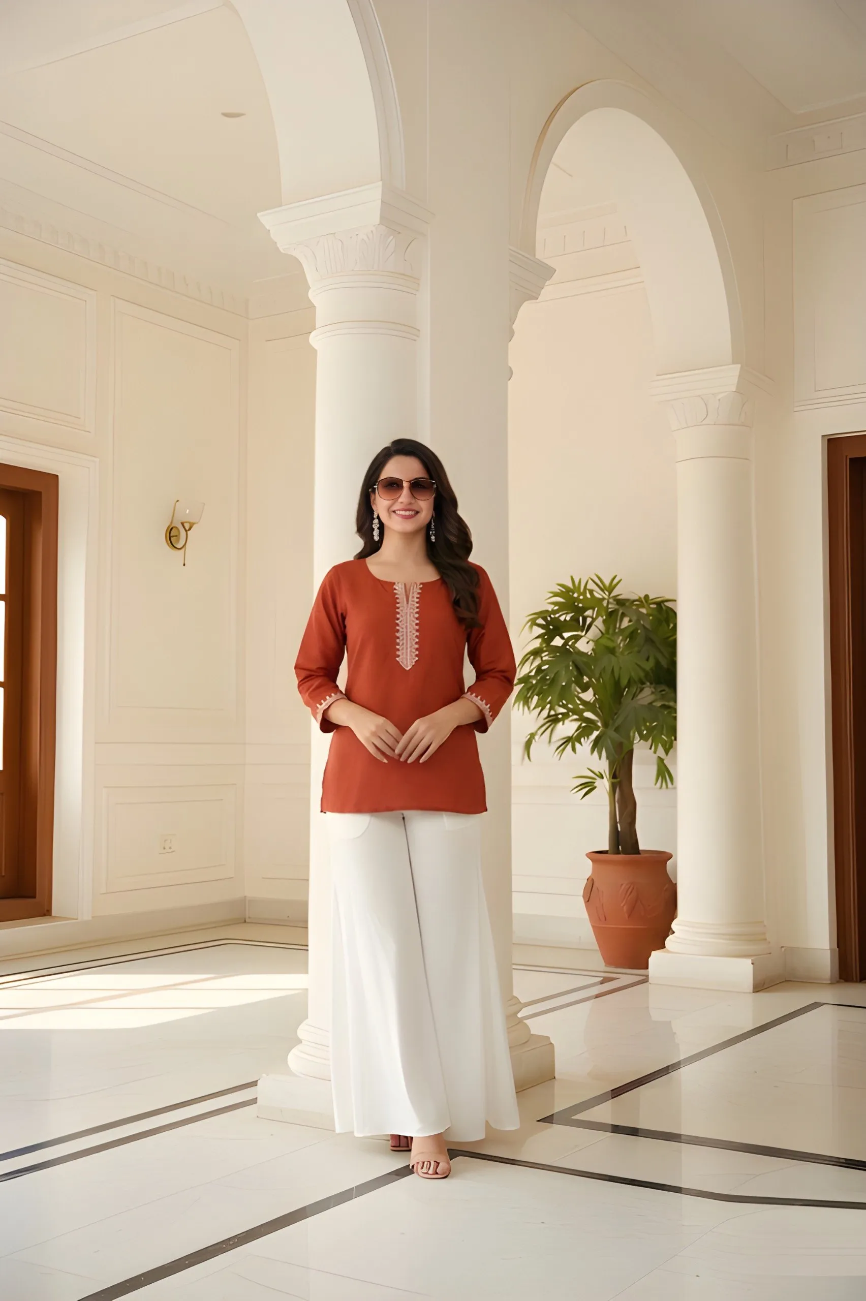 Shiv 1053 Rust Orange Embroiderey Roman Silk Fancy Short kurti Wholesale