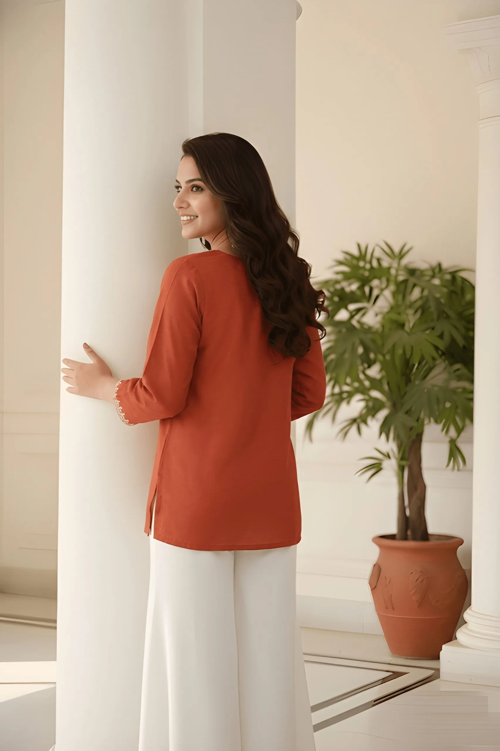 Shiv 1053 Rust Orange Embroiderey Roman Silk Fancy Short kurti Wholesale