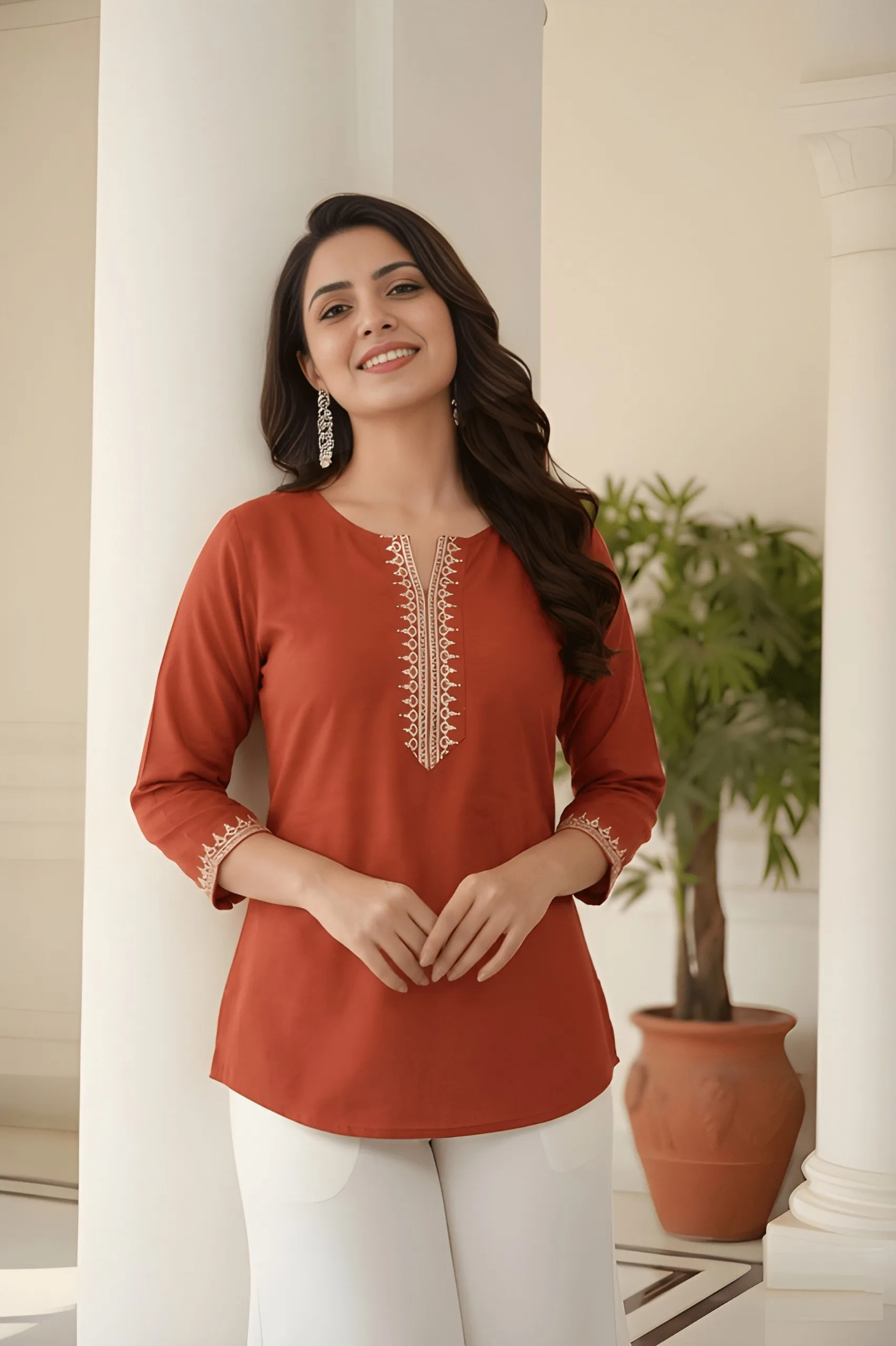 Shiv 1053 Rust Orange Embroiderey Roman Silk Fancy Short kurti Wholesale