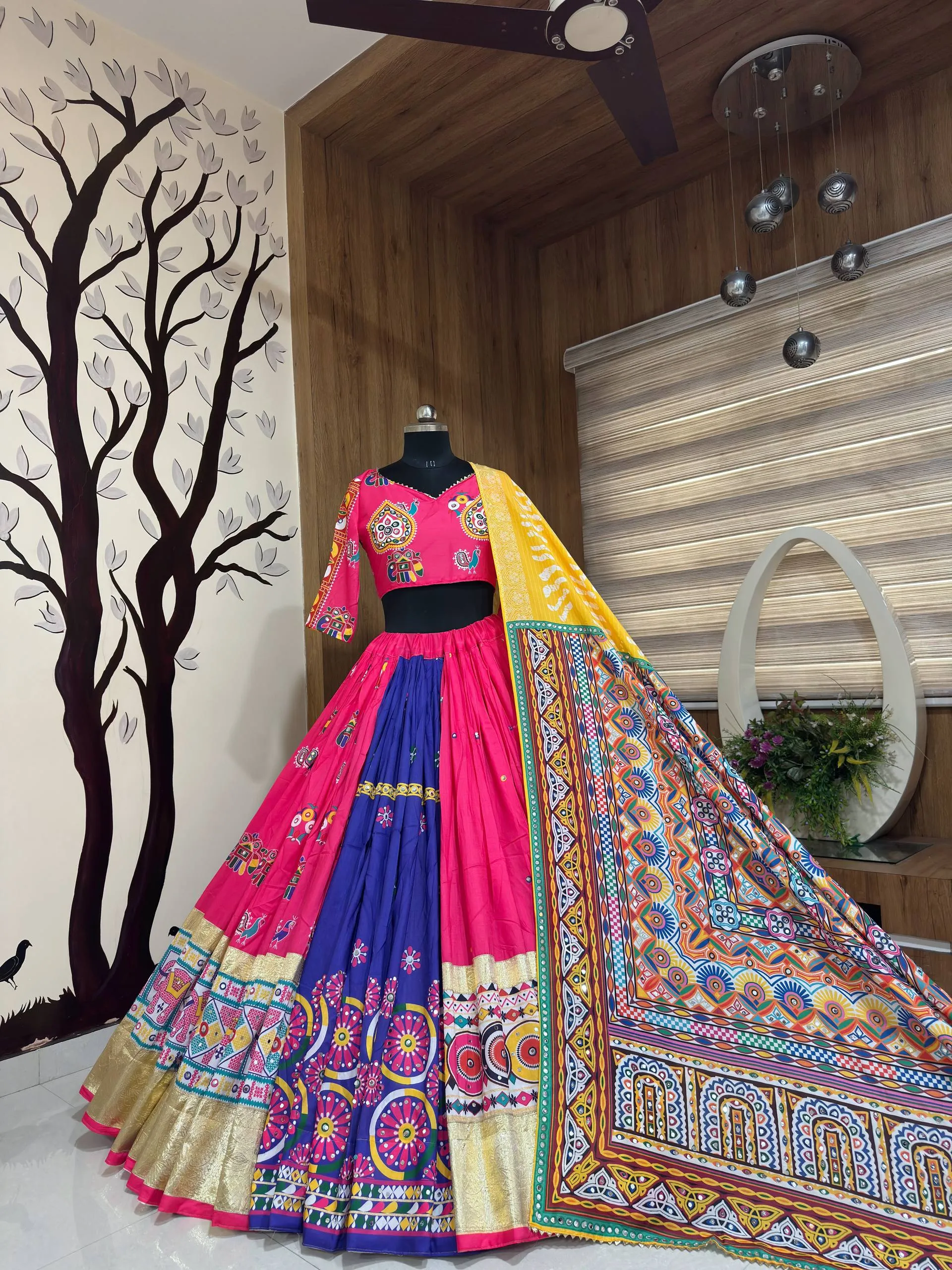 C585 204 Heavy Muslin Cotton With Mirror Work Lehenga Chaniya Choli Wholesale